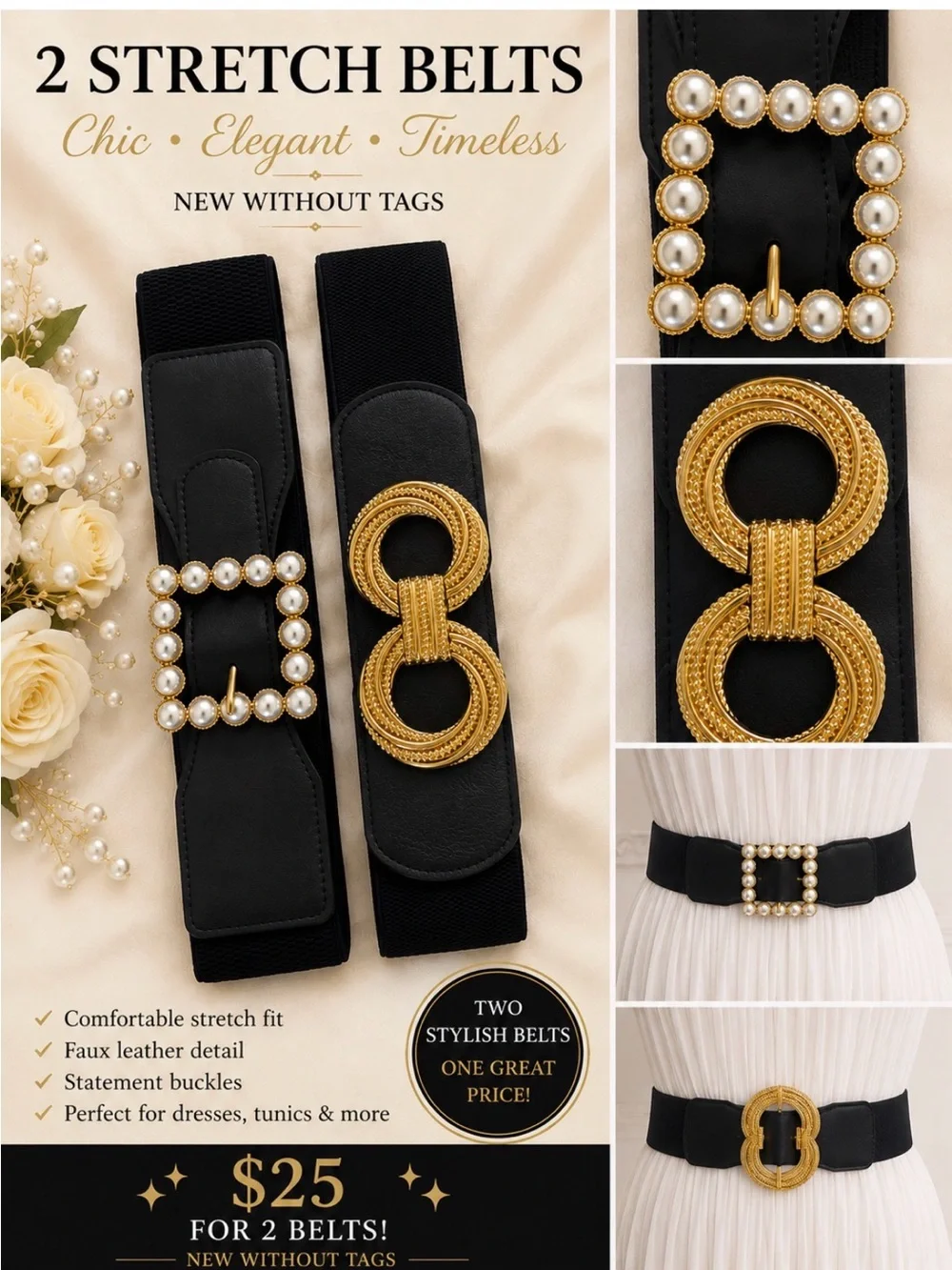 BUY NOW Women’s Black Stretch Belt Set with Pearl and Gold Buckles NWOT